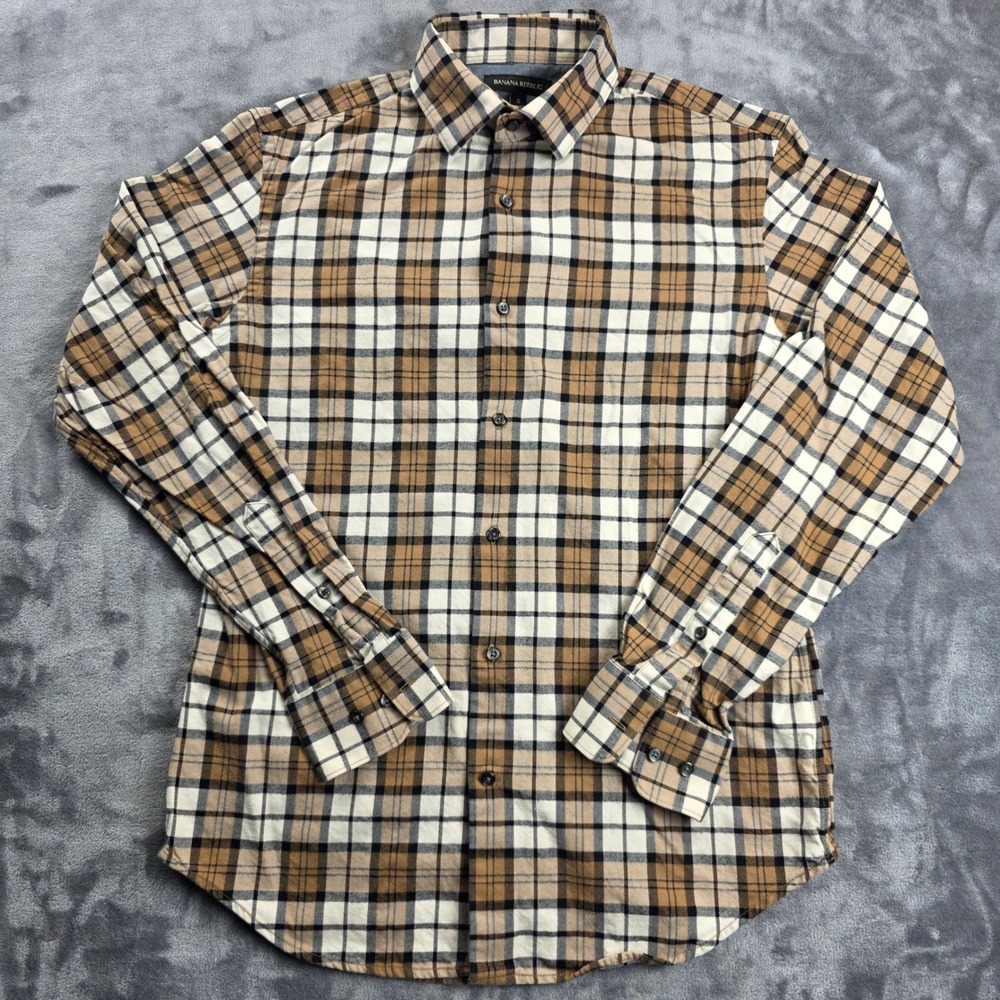 Banana Republic Button Down Shirt Mens S Brown Plaid Cotton Flannel Long Sleeve‎